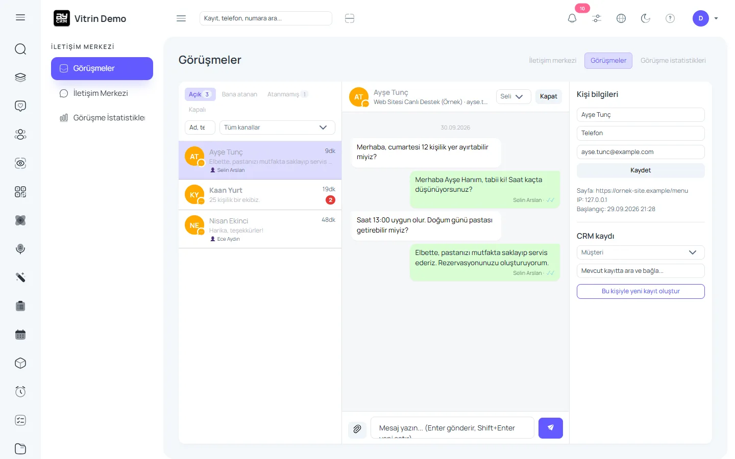 Canlı destek ve sohbet botu — ByCRM panel görünümü