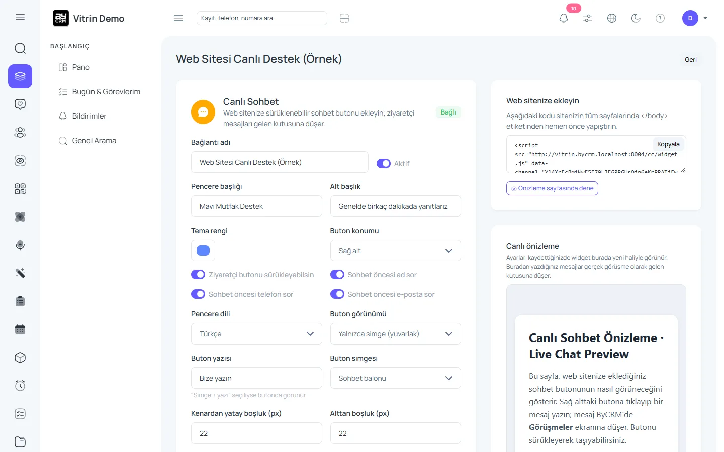 Tek kodla canlı sohbet — ByCRM panel görünümü
