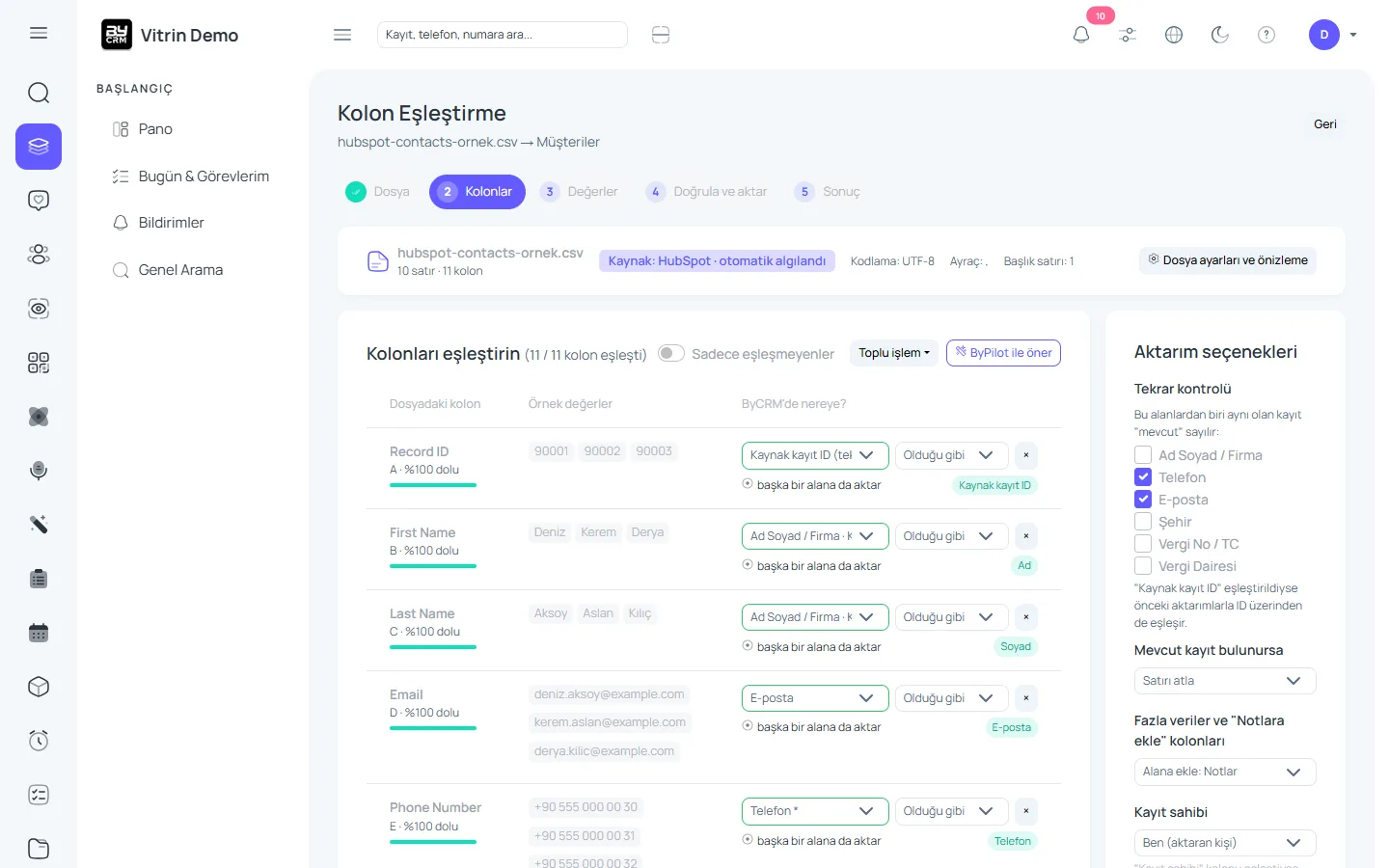 Akıllı kolon eşleştirme — ByCRM panel görünümü