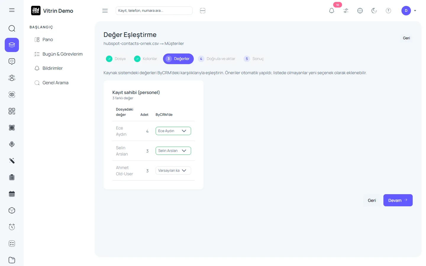 Değer ve personel eşleme — ByCRM panel görünümü