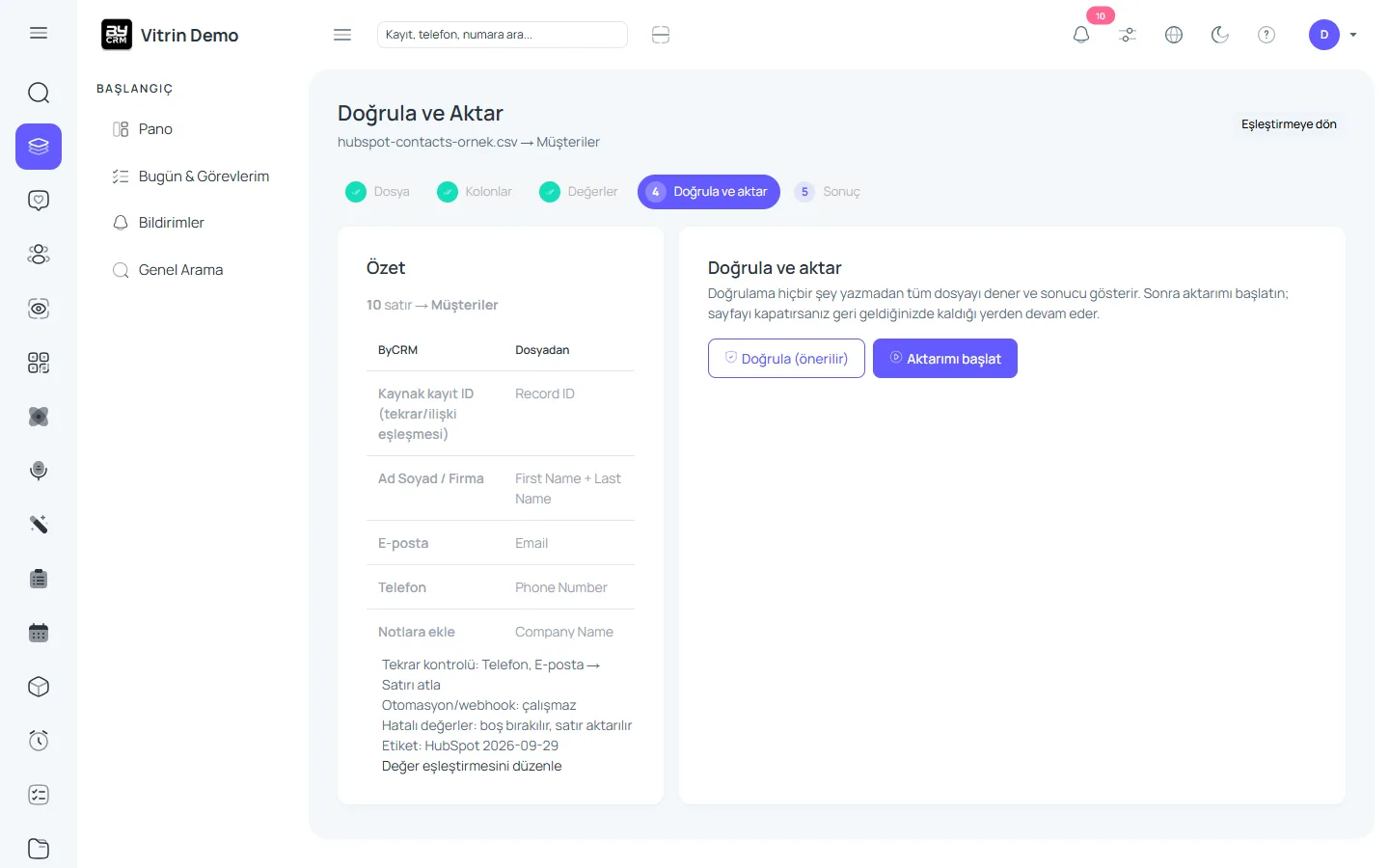 Önce doğrula, sonra aktar — ByCRM panel görünümü
