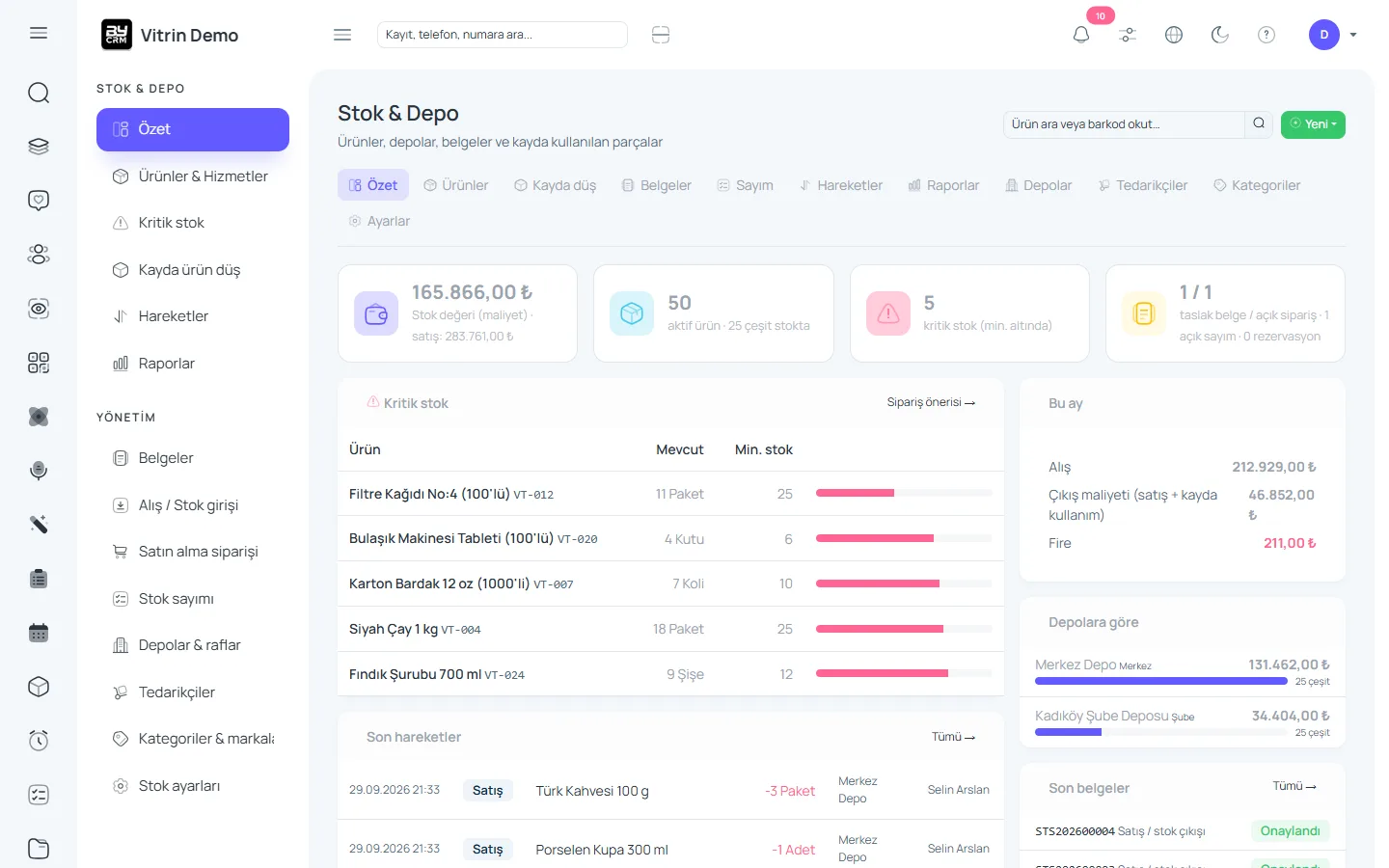Depo ve stok yazılımı — ByCRM panel görünümü