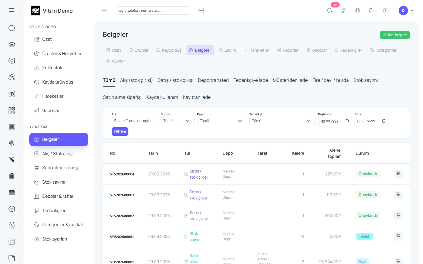 Stok belgeleri ve hareket defteri — ByCRM panel görünümü