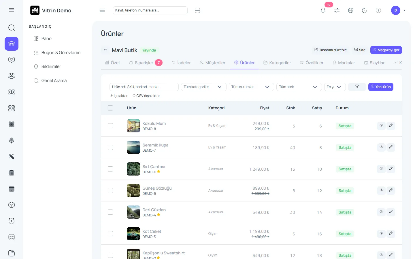 Ürün, kategori ve stok — ByCRM panel görünümü