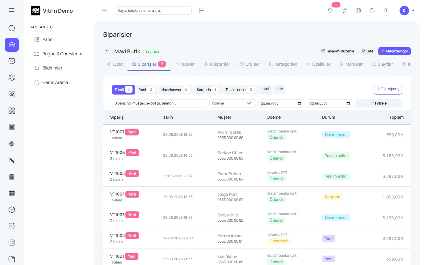 Kargo ve sipariş yönetimi — ByCRM panel görünümü
