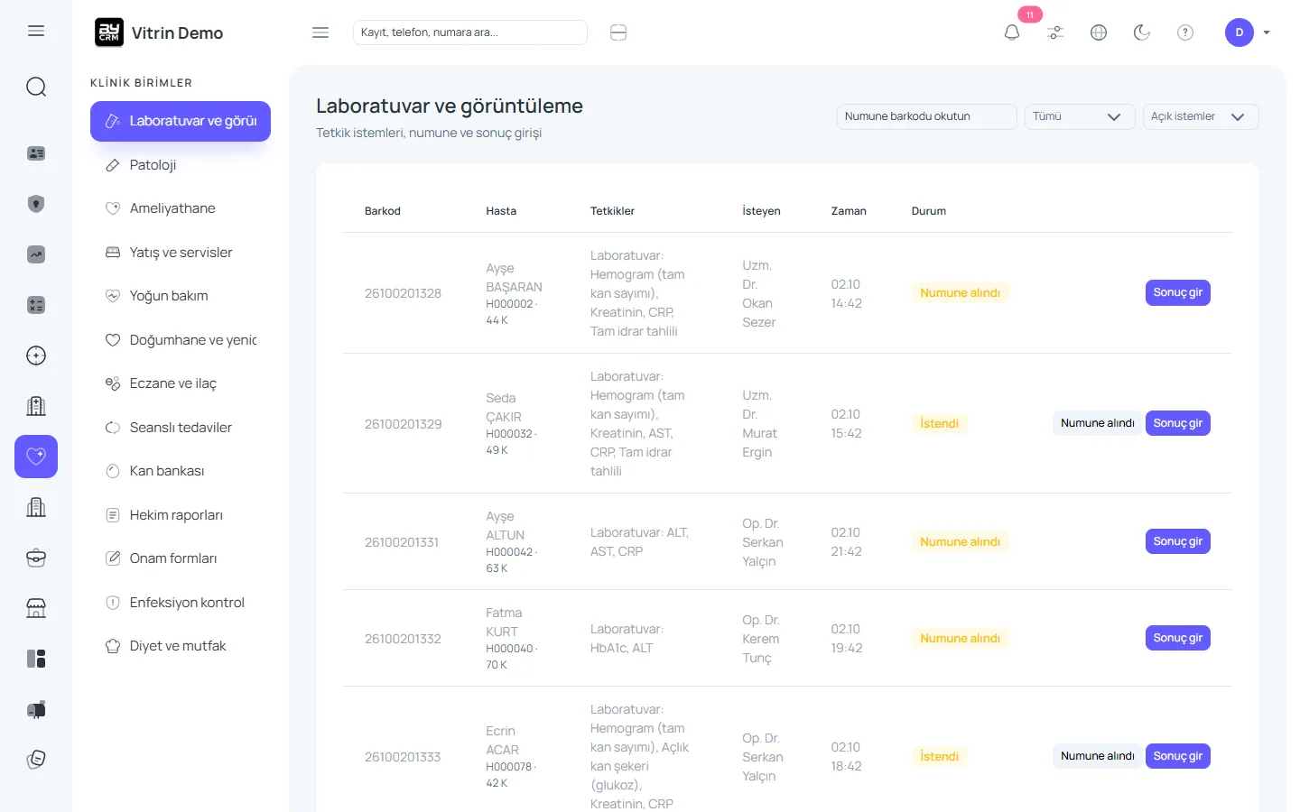 Laboratuvar ve görüntüleme — ByCRM panel görünümü