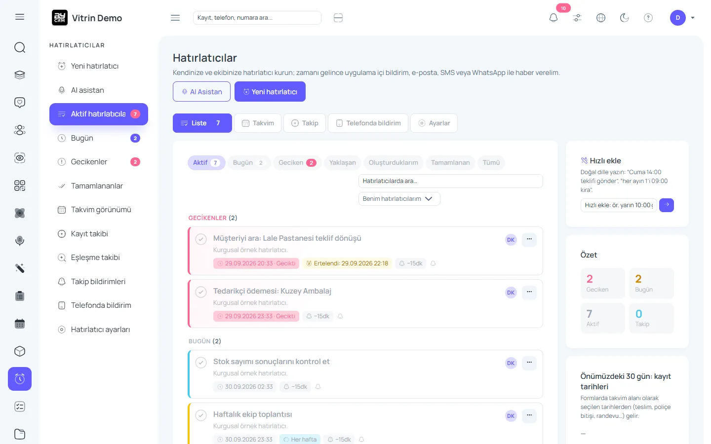 Hatırlatıcı — ByCRM panel görünümü