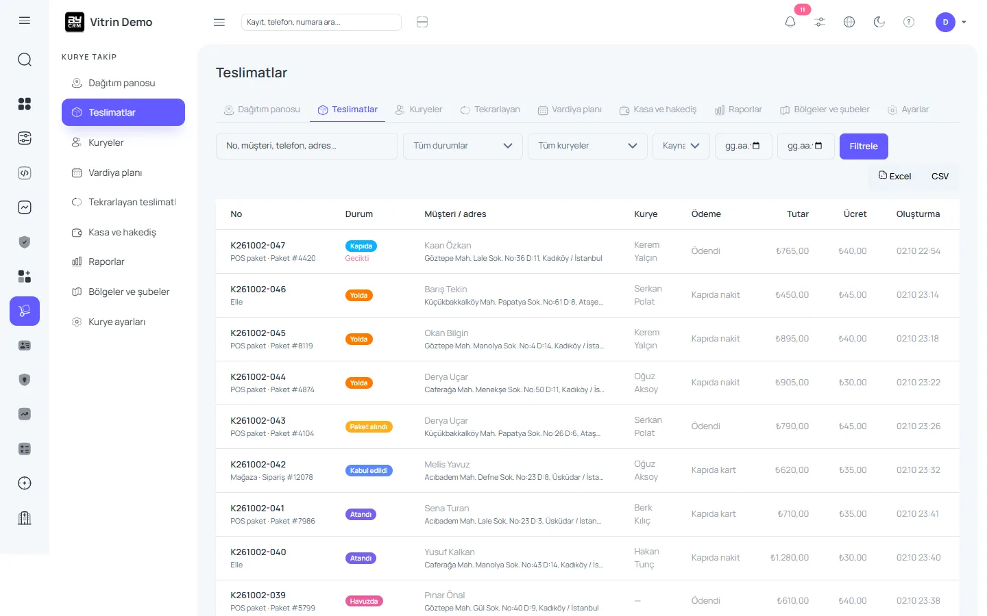 Teslimat listesi ve atama — ByCRM panel görünümü