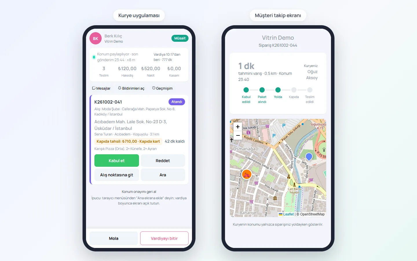 Kurye uygulaması ve müşteri takip ekranı — ByCRM panel görünümü