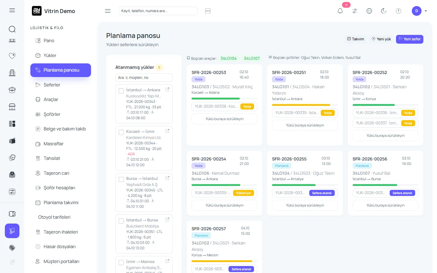 Sürükle-bırak planlama panosu — ByCRM panel görünümü