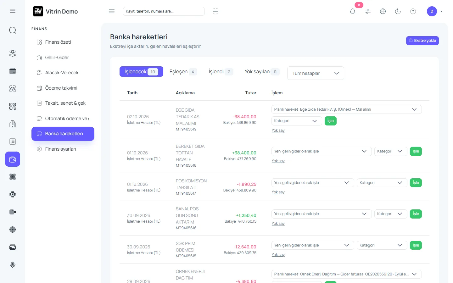 Banka hareketleri ve eşleştirme — ByCRM panel görünümü