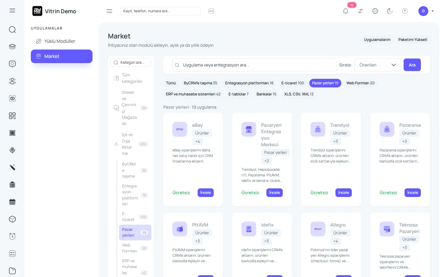 Pazaryeri entegrasyonu — ByCRM panel görünümü