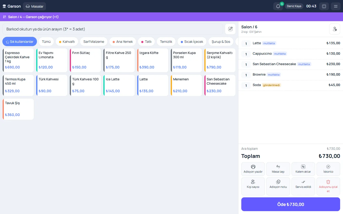 Garson ekranı ve adisyon — ByCRM panel görünümü
