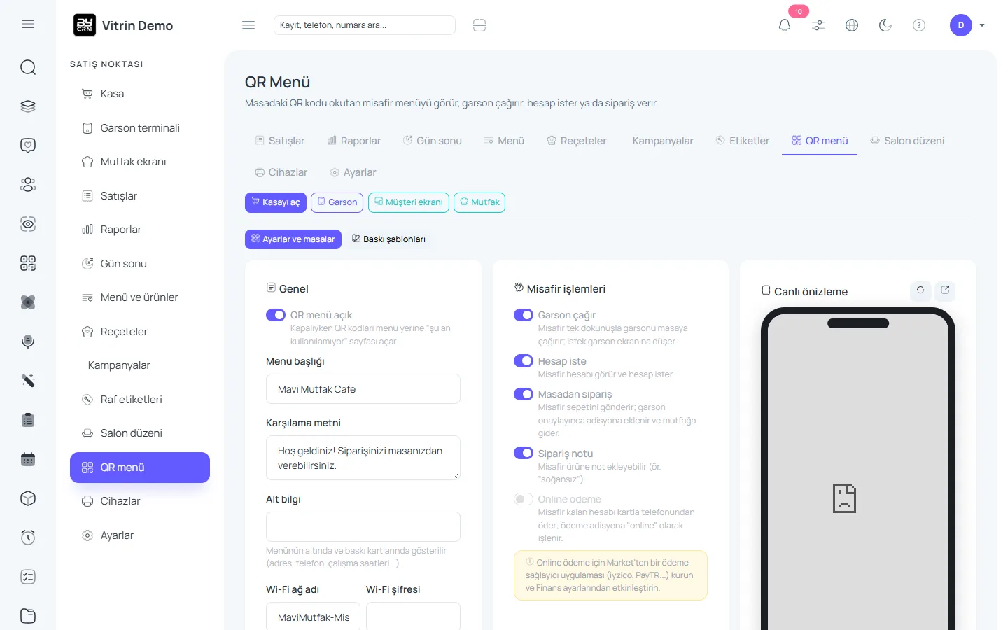 QR menü ve masadan sipariş — ByCRM panel görünümü