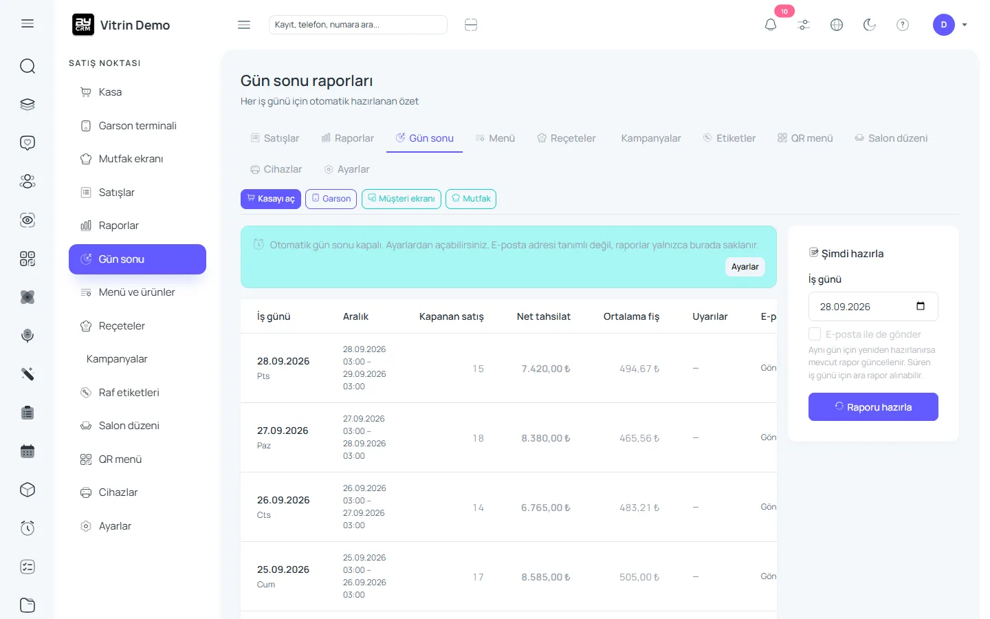 Reçete, stok ve gün sonu — ByCRM panel görünümü