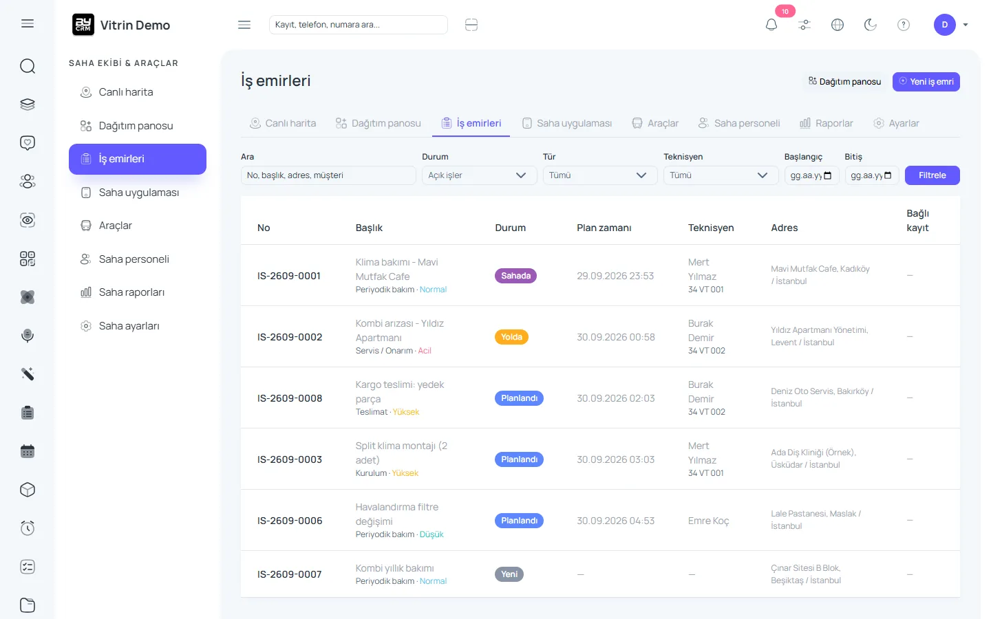 Saha ekibi ve araç takip — ByCRM panel görünümü