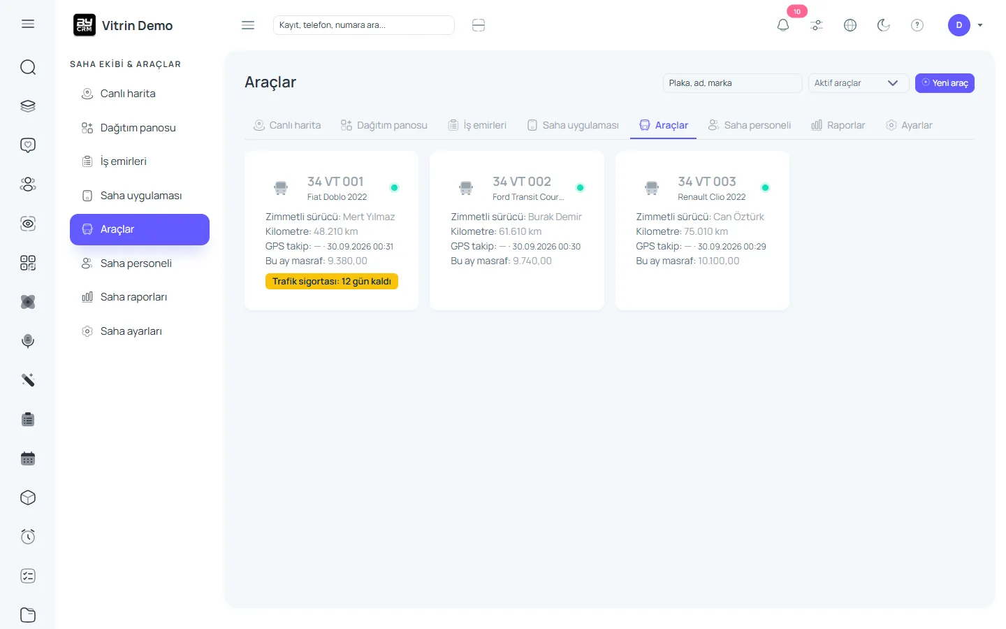 Araç ve filo kayıtları — ByCRM panel görünümü