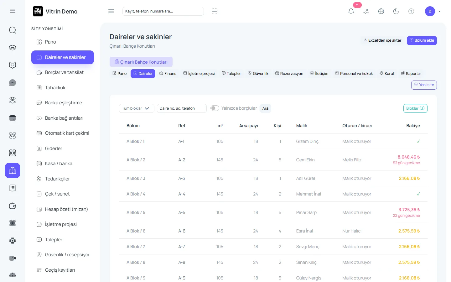 Bloklar, daireler ve sakinler — ByCRM panel görünümü