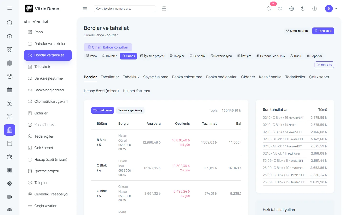Borç, tazminat ve tahsilat — ByCRM panel görünümü