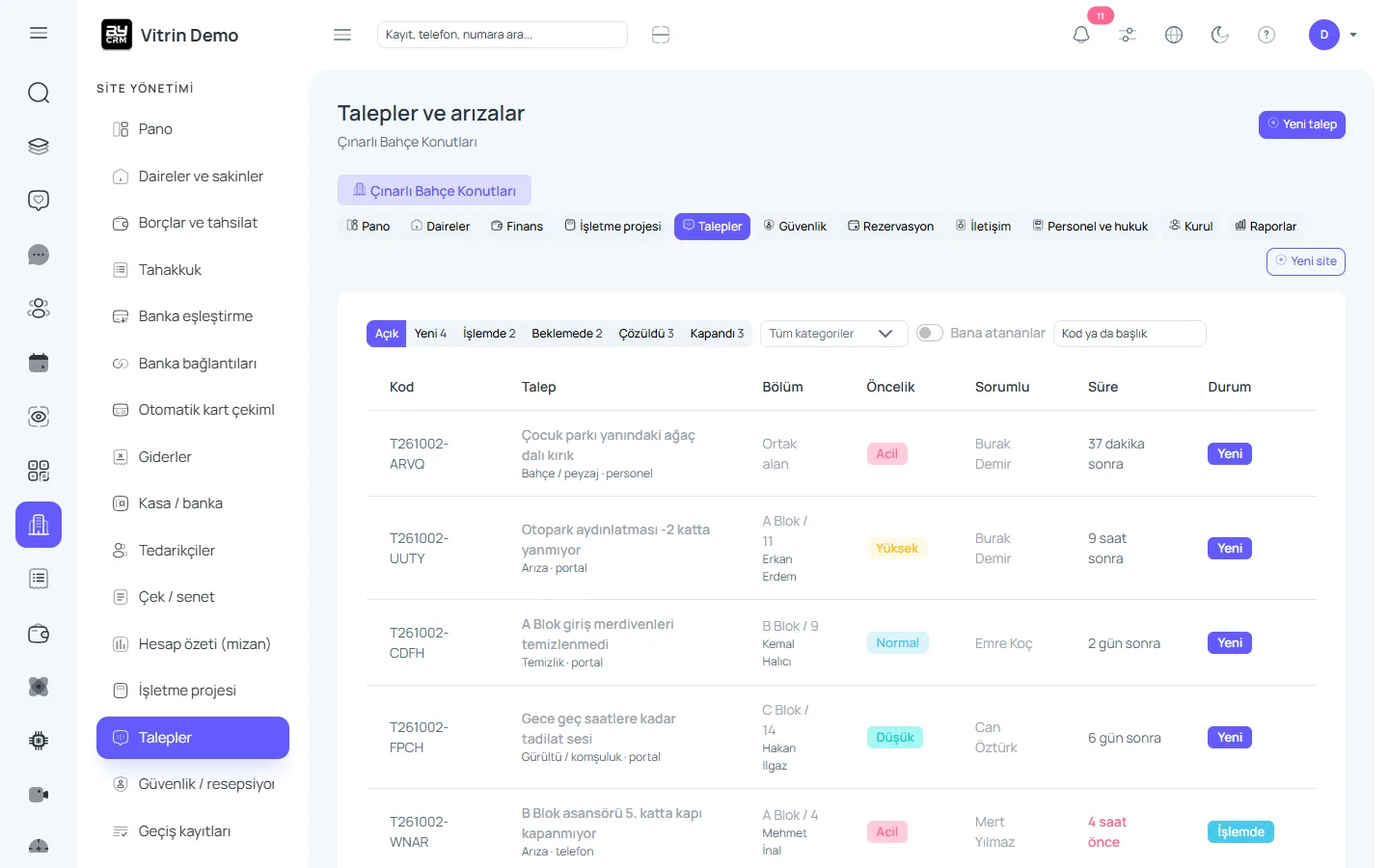 Talepler ve arızalar — ByCRM panel görünümü