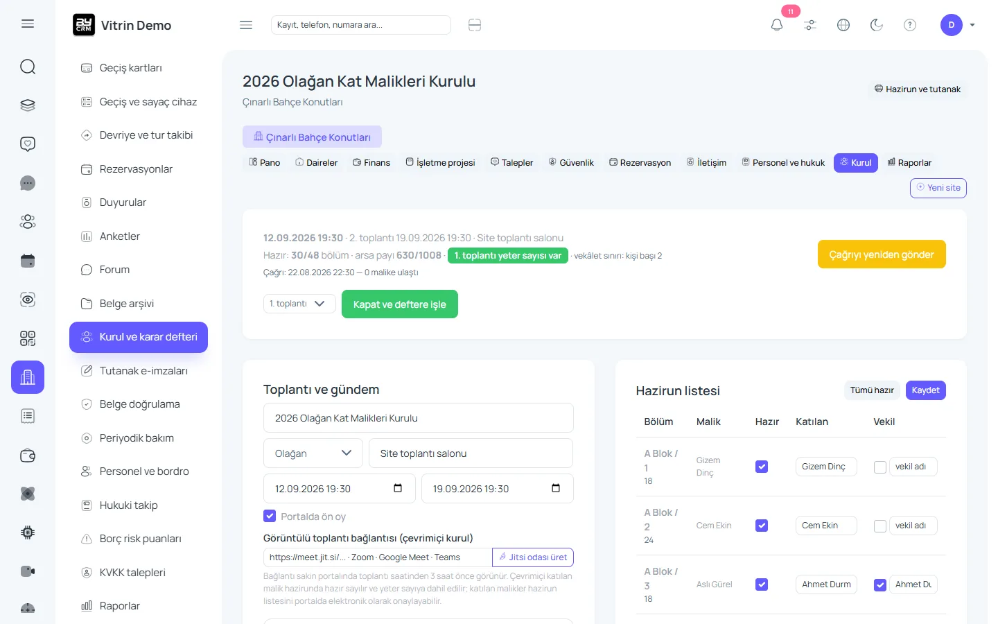 Kat malikleri kurulu ve karar defteri — ByCRM panel görünümü