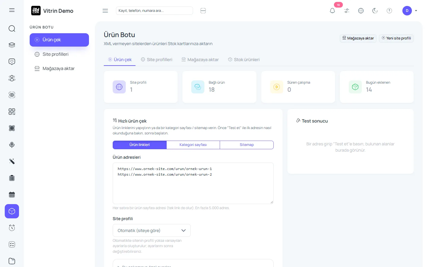 Ürün botu — ByCRM panel görünümü