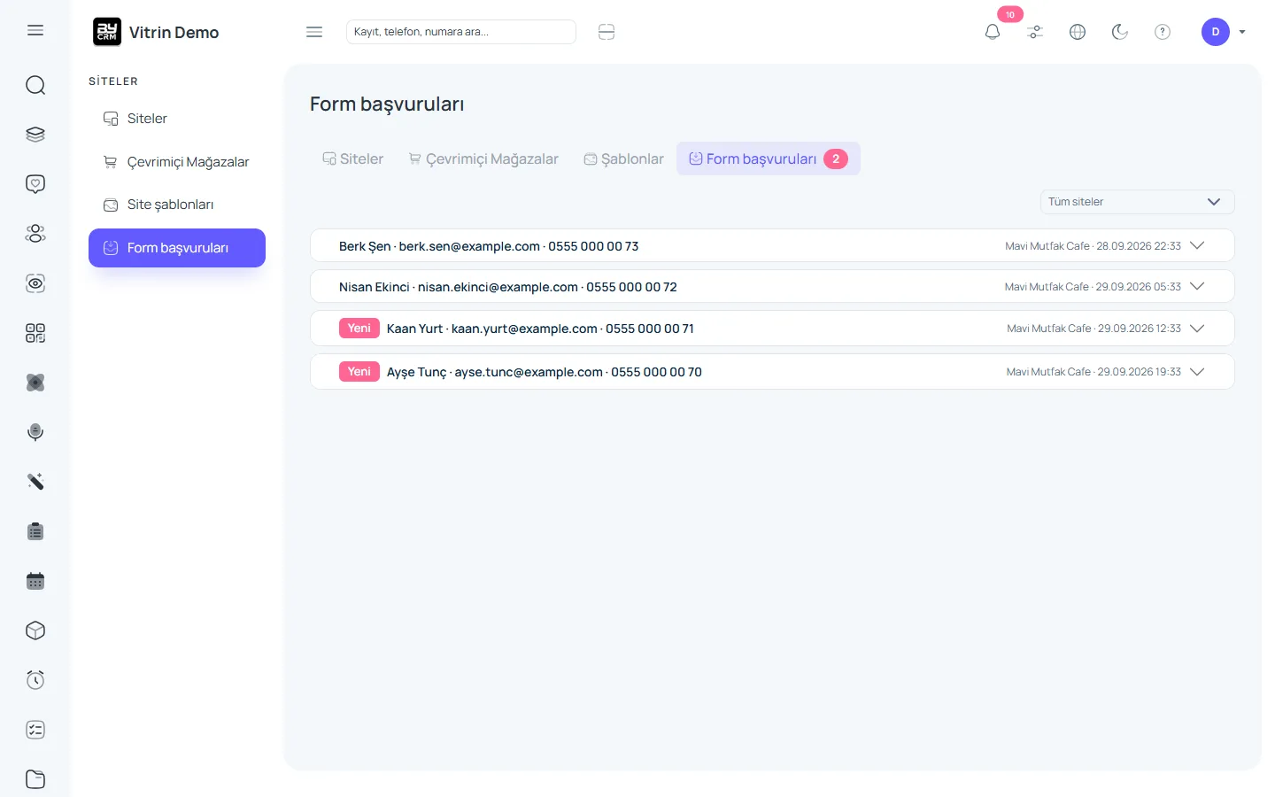 Form talepleri CRM'e — ByCRM panel görünümü