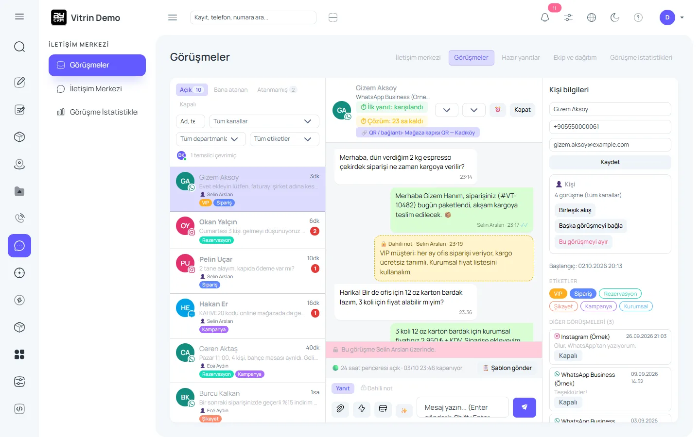 WhatsApp ve iletişim merkezi — ByCRM panel görünümü