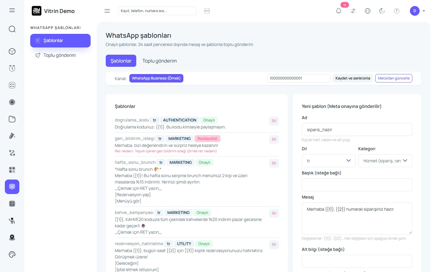Onaylı WhatsApp şablonları ve toplu gönderim — ByCRM panel görünümü