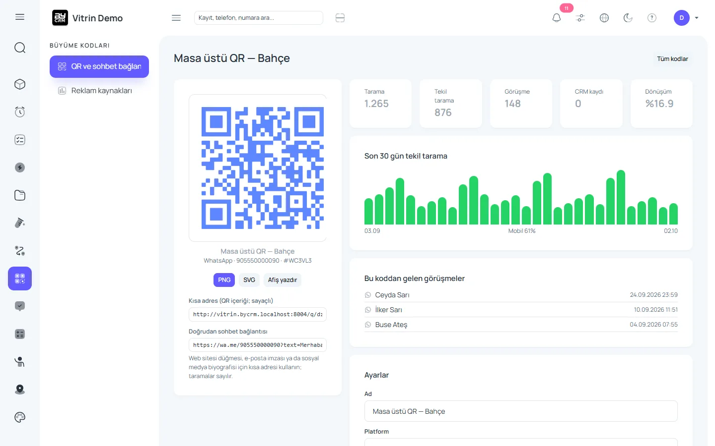 QR kodları ve reklam kaynağı — ByCRM panel görünümü